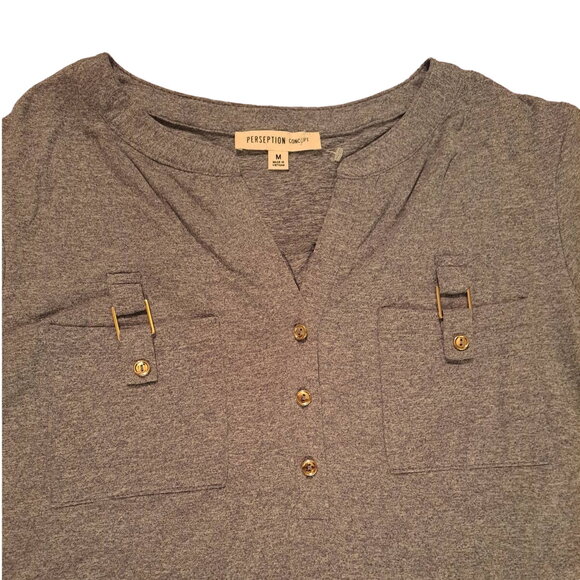 New Medium Dark Gray "PerSeption Concept" Top Front Pockets Button Ruched Sleeve - Picture 8 of 9